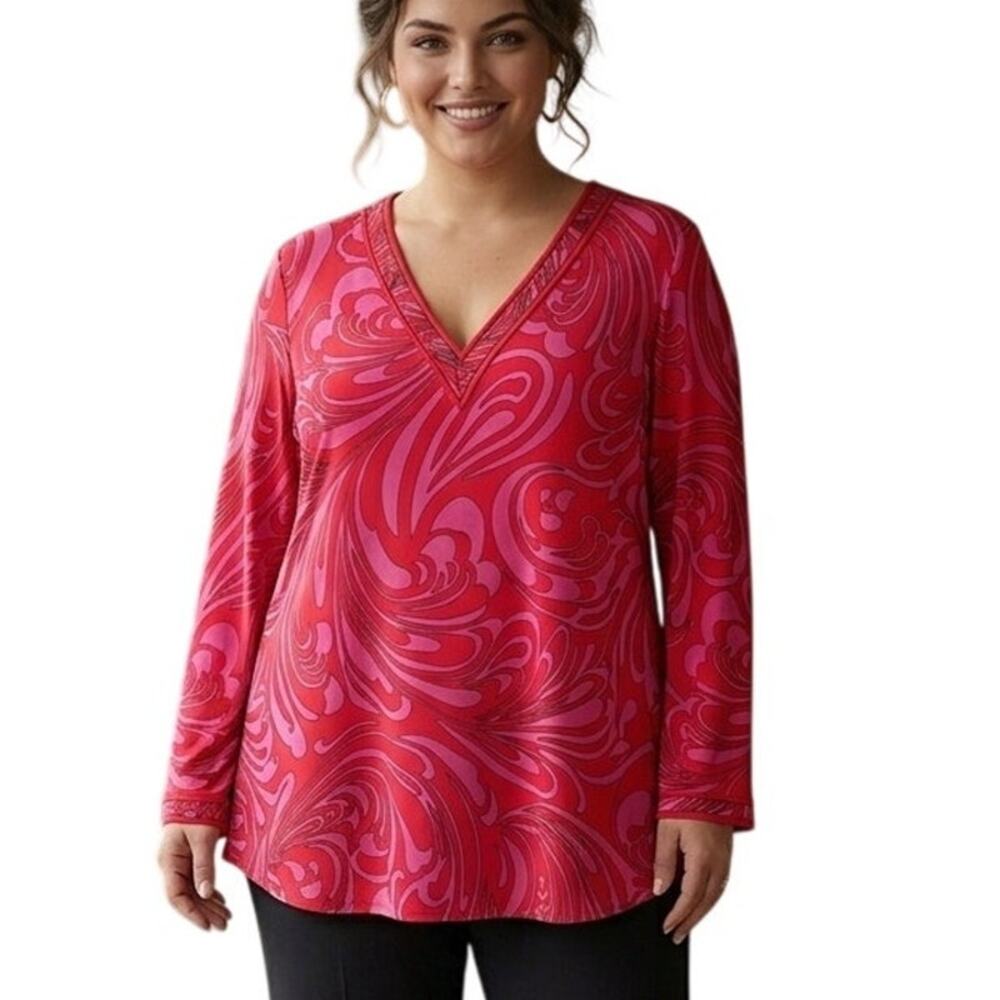 Michael Kors Swirly Tunic Womens Size 2X Red Pink V-Neck Flowy Dopamine Top